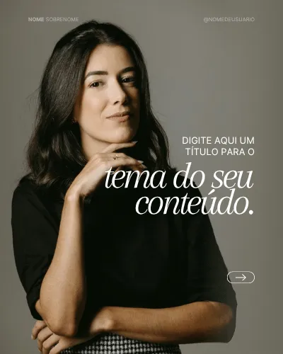 Template com retrato sobre fundo escuro e título em serifada
