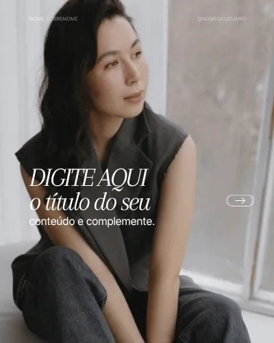 Template com retrato sentado e título alinhado à esquerda