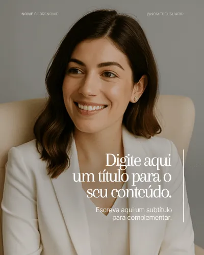 Template com retrato sorridente e título alinhado à direita